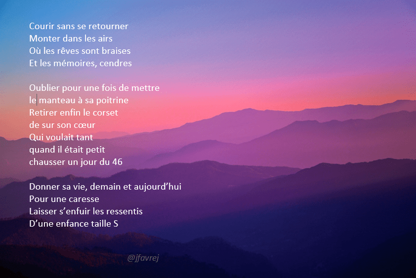 Courir sans se retourner
Monter dans les airs
Où les rêves sont braises
Et les mémoires, cendres

Oublier pour une fois de mettre 
le manteau à sa poitrine
Retirer enfin le corset
de sur son cœur
Qui voulait tant 
quand il était petit
chausser un jour du 46

Donner sa vie, demain et aujourd’hui
Pour une caresse
Laisser s’enfuir les ressentis
D’une enfance taille S
